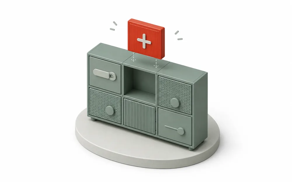 Un módulo nuevo, marcado en rojo con un signo +, encaja en un hueco libre del producto modular: cualquier función que falte se añade a medida.